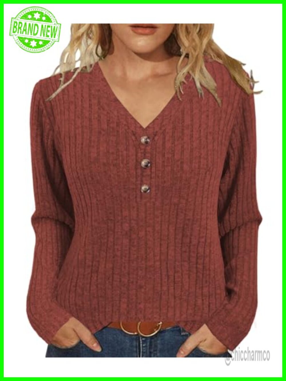 Womens V Neck Button Rib Knit Sweatshirt Long Sleeve Tunic Top